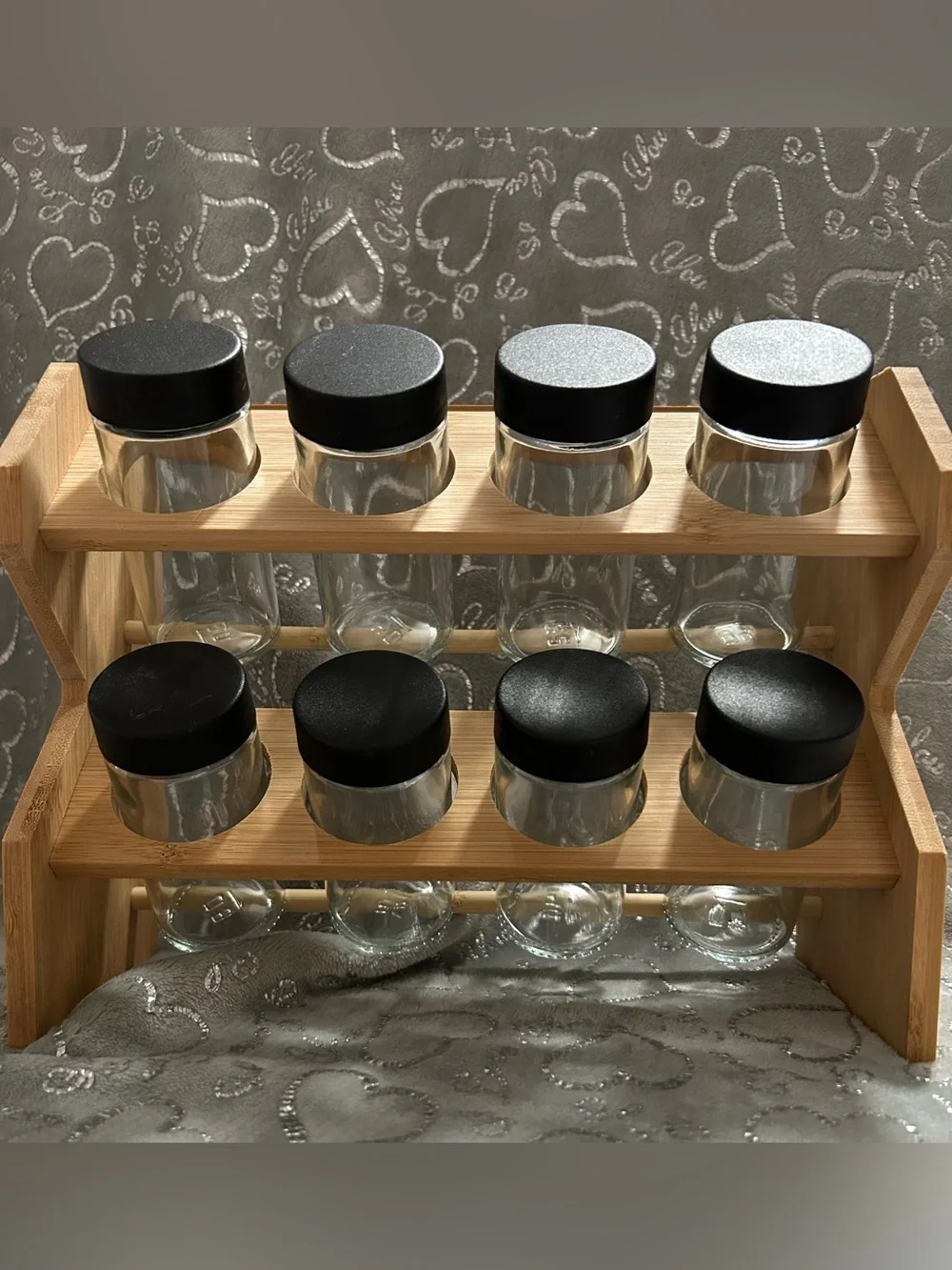 NWT Core Bamboo, Spice Rack with 8 Clear Jars and Black Lids